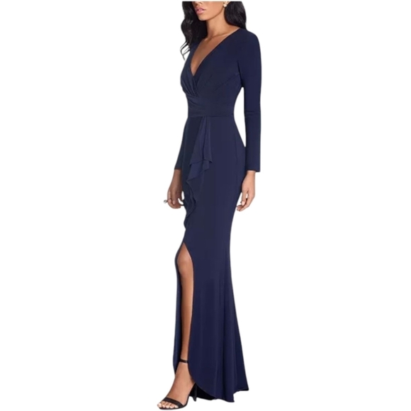 Betsy & Adam Elegant Navy Long Sleeve V Neck Ruched Slit Long Gown NWT Sz 10 - Picture 2 of 7